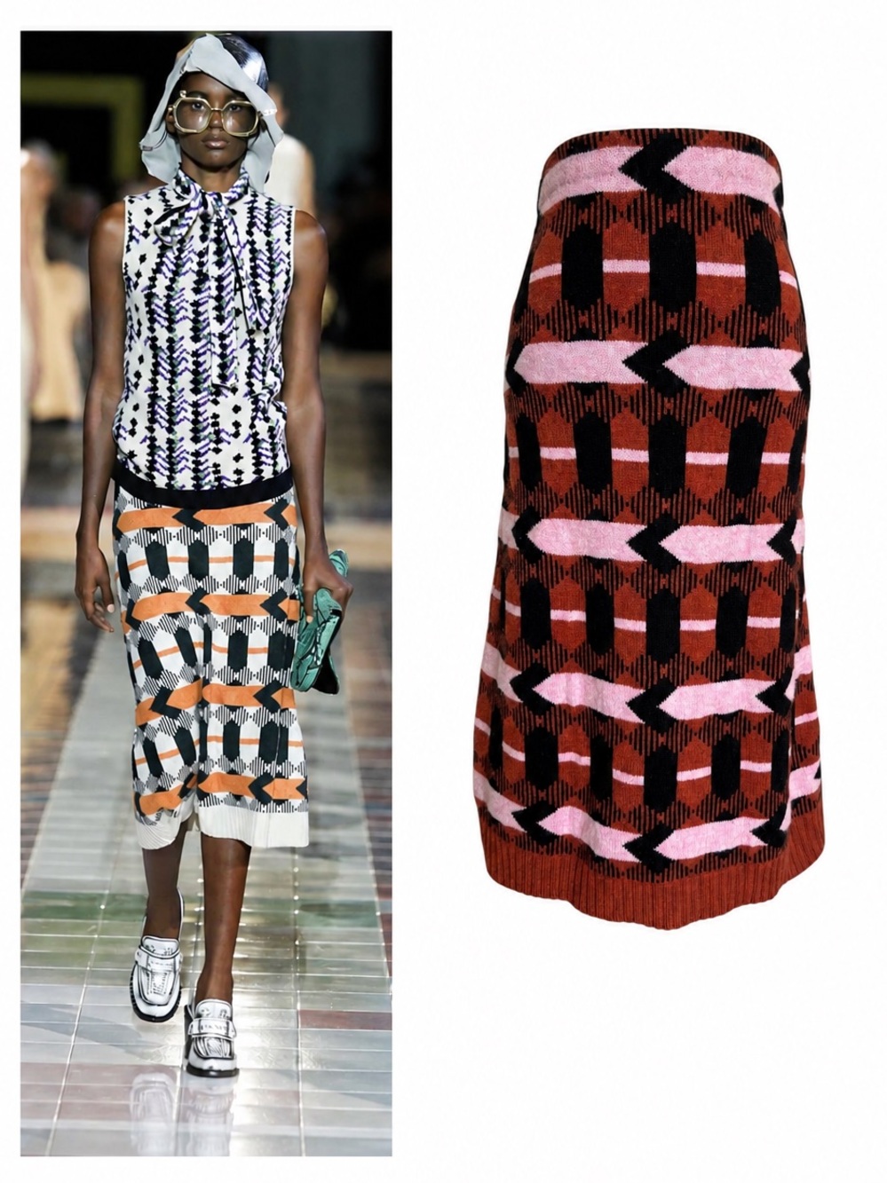 RARE Prada SS20 Wool Knit Midi Pencil Skirt Pink Brown Black Geometric Print XS
